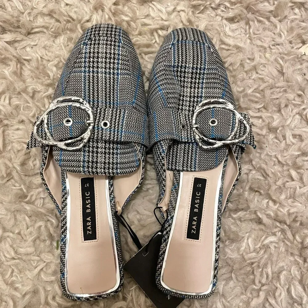 NWT Zara Fabric Mule Slides Buckle Sz 6.5